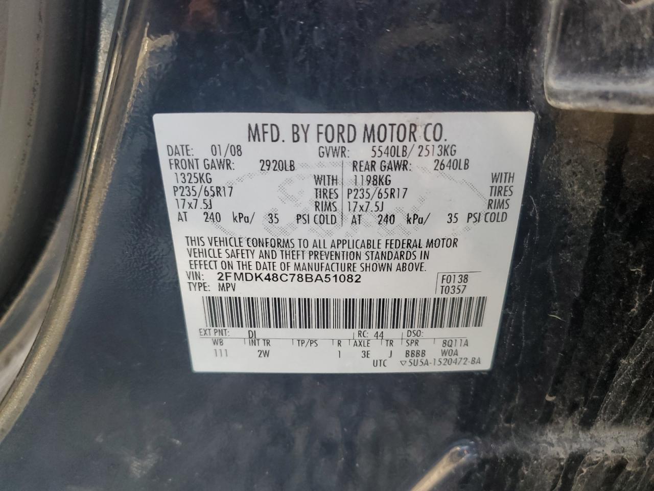 2008 Ford Edge Sel VIN: 2FMDK48C78BA51082 Lot: 84007545