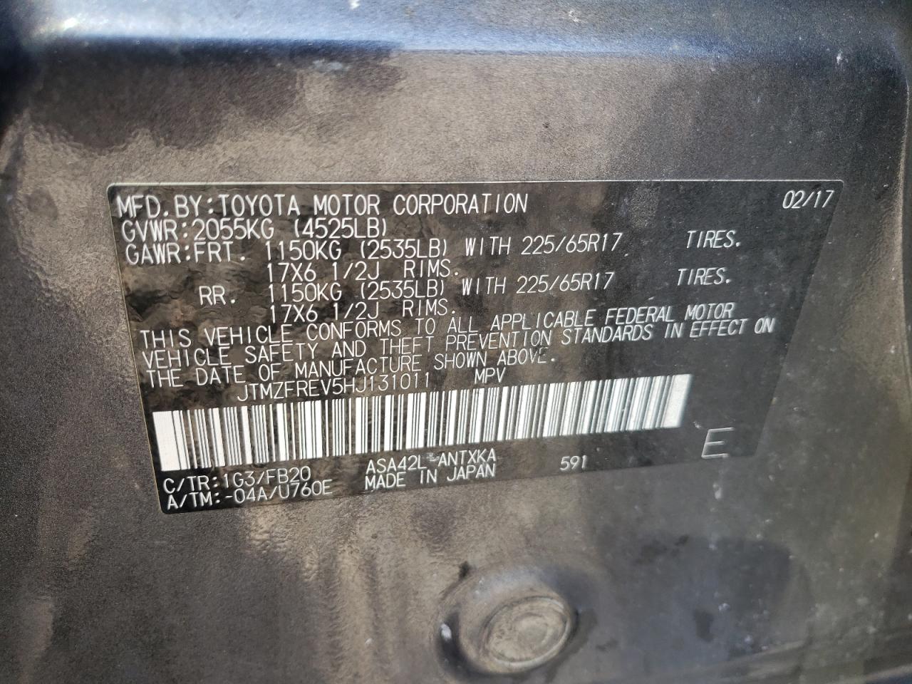 2017 Toyota Rav4 Le VIN: JTMZFREV5HJ131011 Lot: 71853675