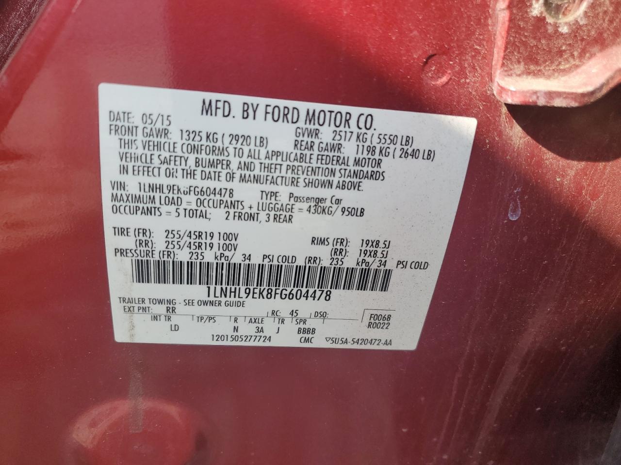2015 Lincoln Mks VIN: 1LNHL9EK8FG604478 Lot: 71846395