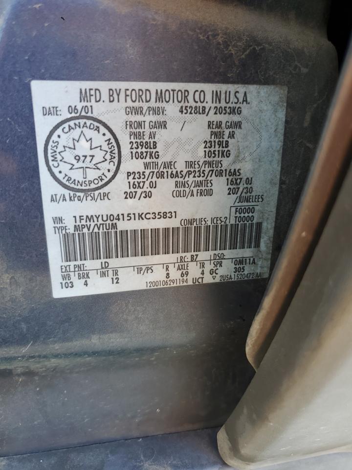 2001 Ford Escape Xlt VIN: 1FMYU04151KC35831 Lot: 80413065