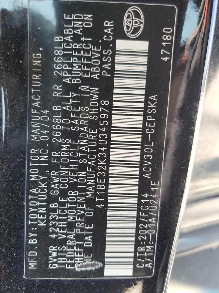 2004 Toyota Camry VIN: 4T1BE32K34U345978 Lot: 81240205