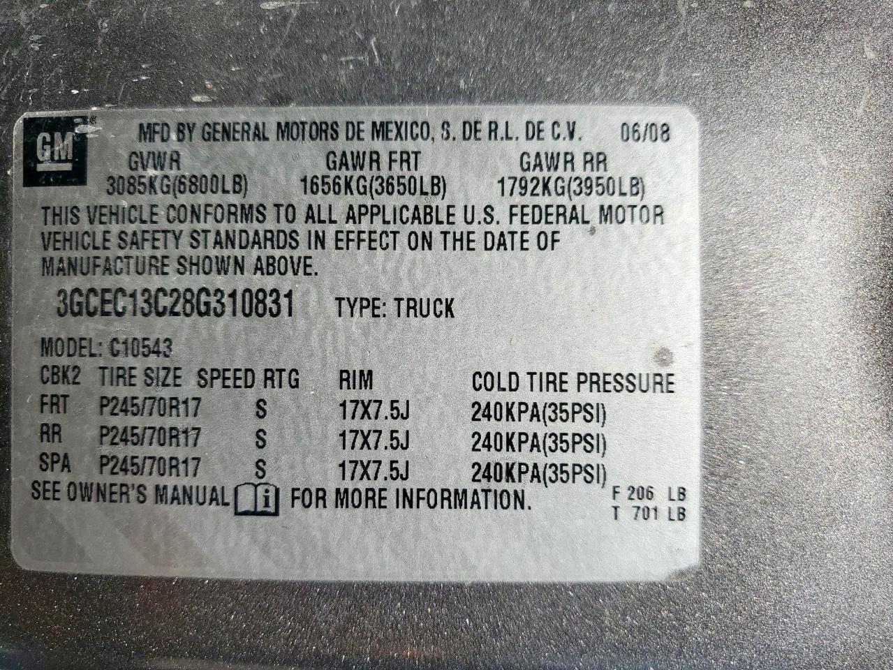 2008 Chevrolet Silverado C1500 VIN: 3GCEC13C28G310831 Lot: 80161525