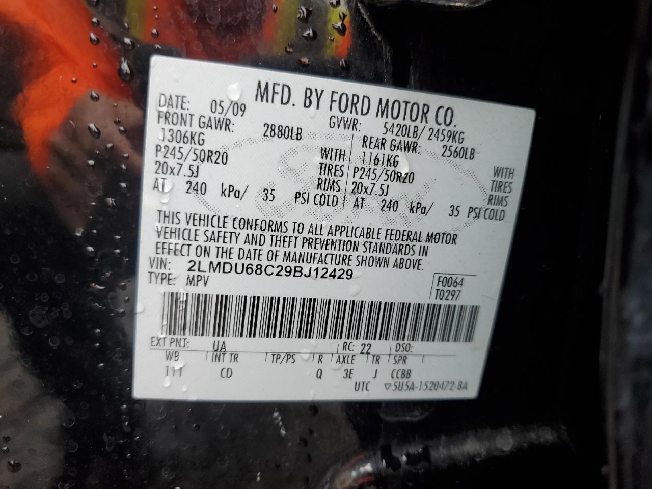 2009 Lincoln Mkx VIN: 2LMDU68C29BJ12429 Lot: 81890175