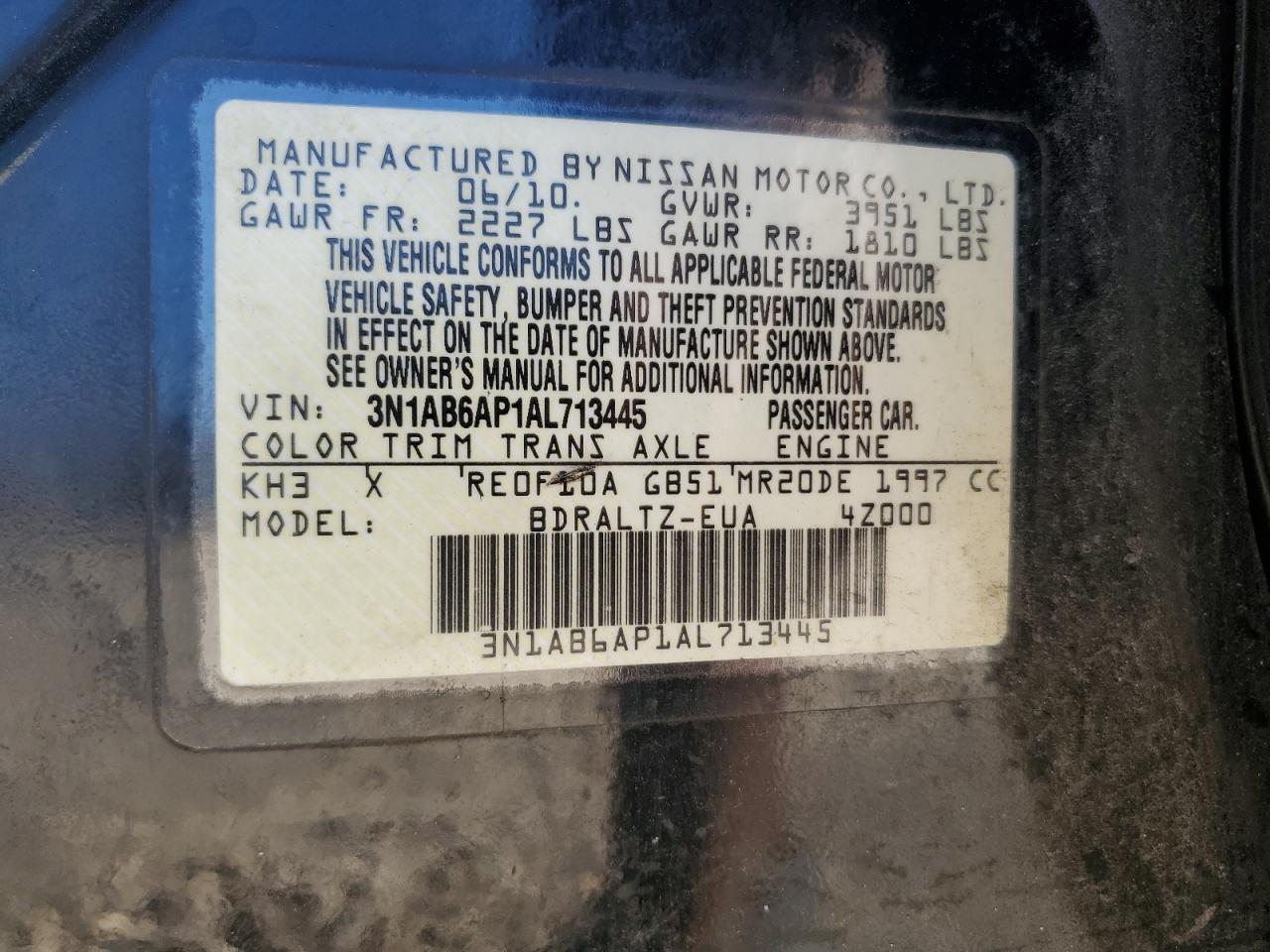 2010 Nissan Sentra 2.0 VIN: 3N1AB6AP1AL713445 Lot: 71718935