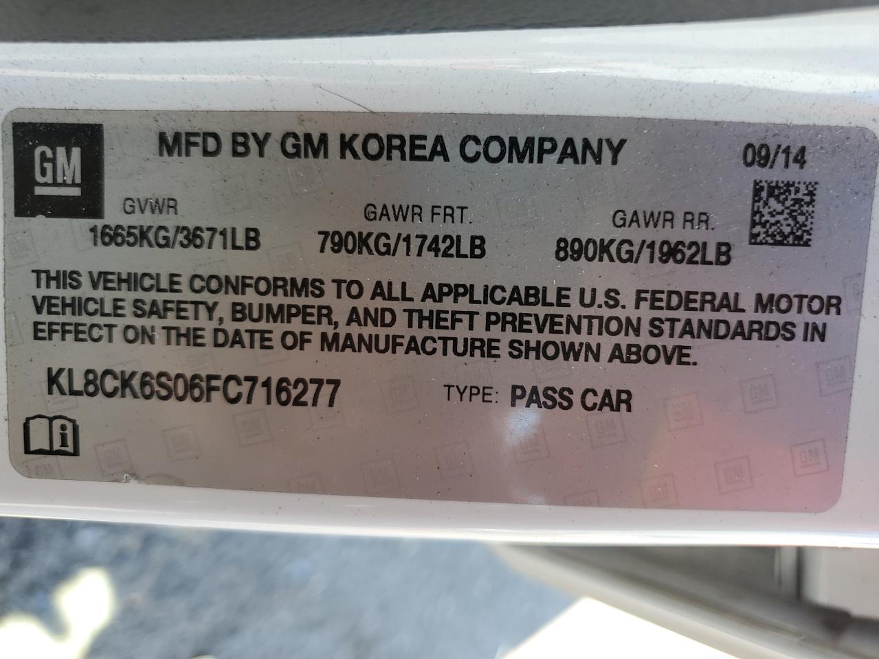 2015 Chevrolet Spark Ev 1Lt VIN: KL8CK6S06FC716277 Lot: 71308995