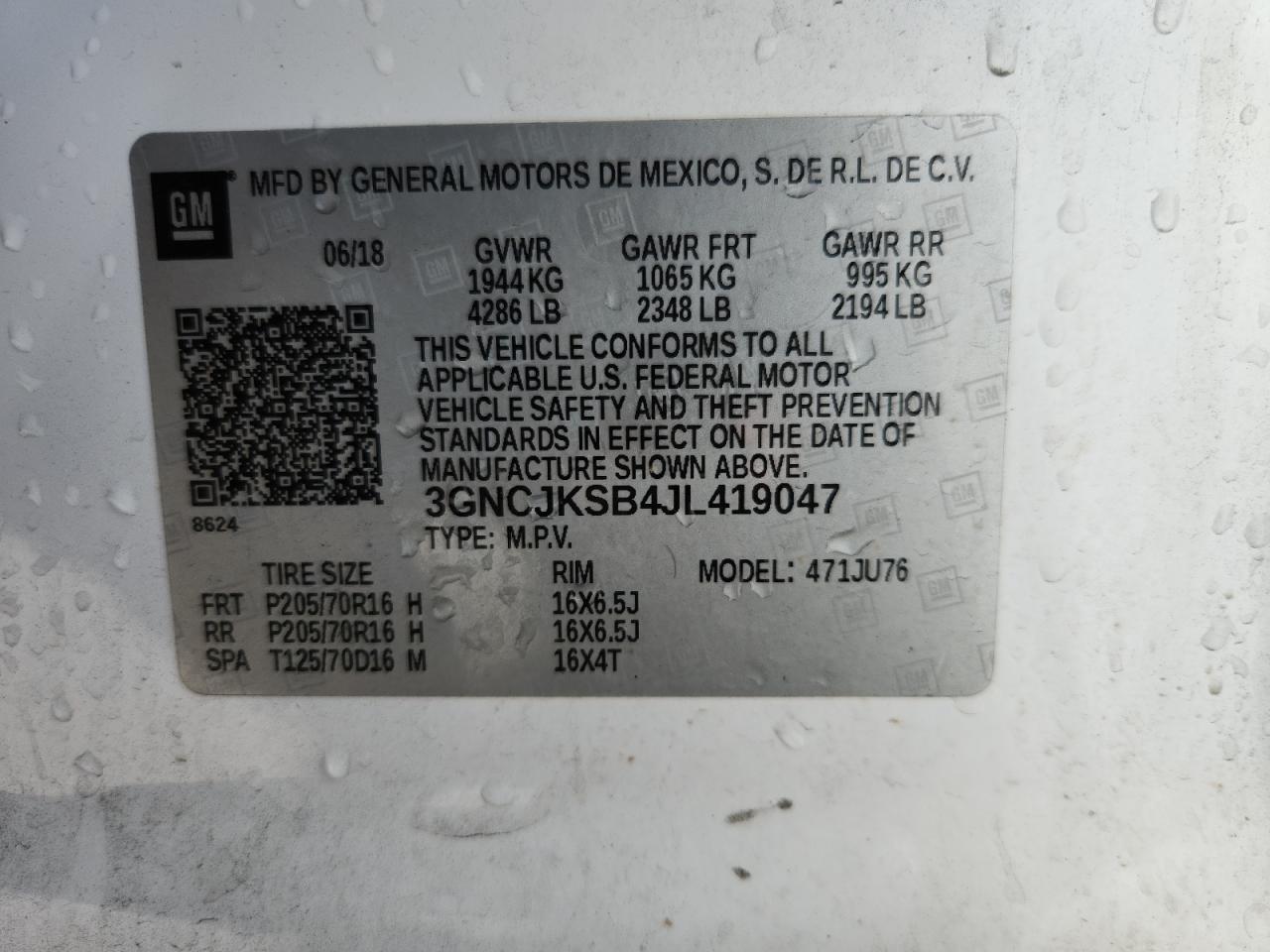 2018 Chevrolet Trax Ls VIN: 3GNCJKSB4JL419047 Lot: 82072365