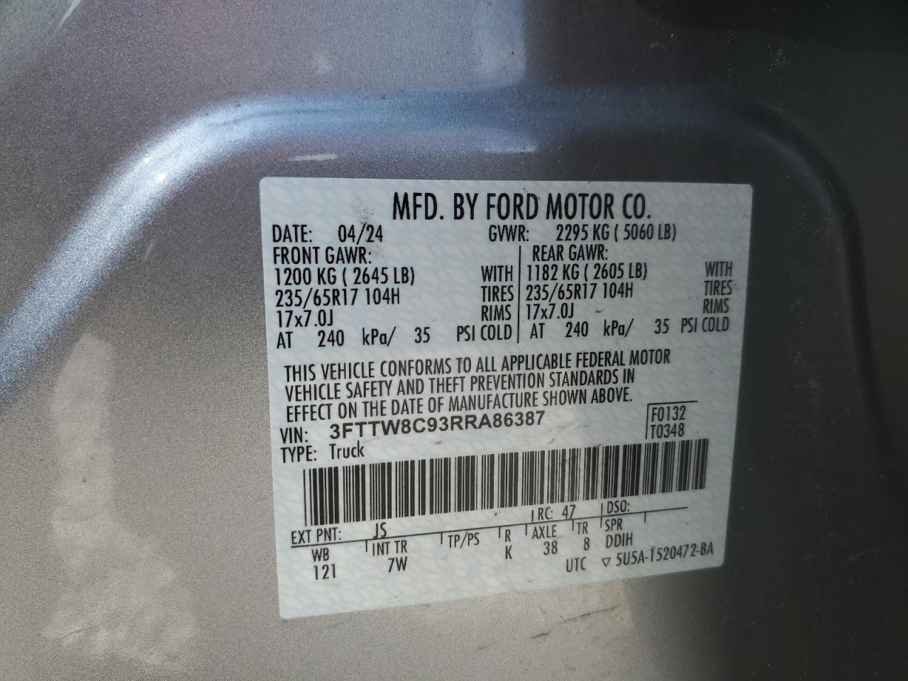 2024 Ford Maverick Xlt Tremor VIN: 3FTTW8C93RRA86387 Lot: 84574925