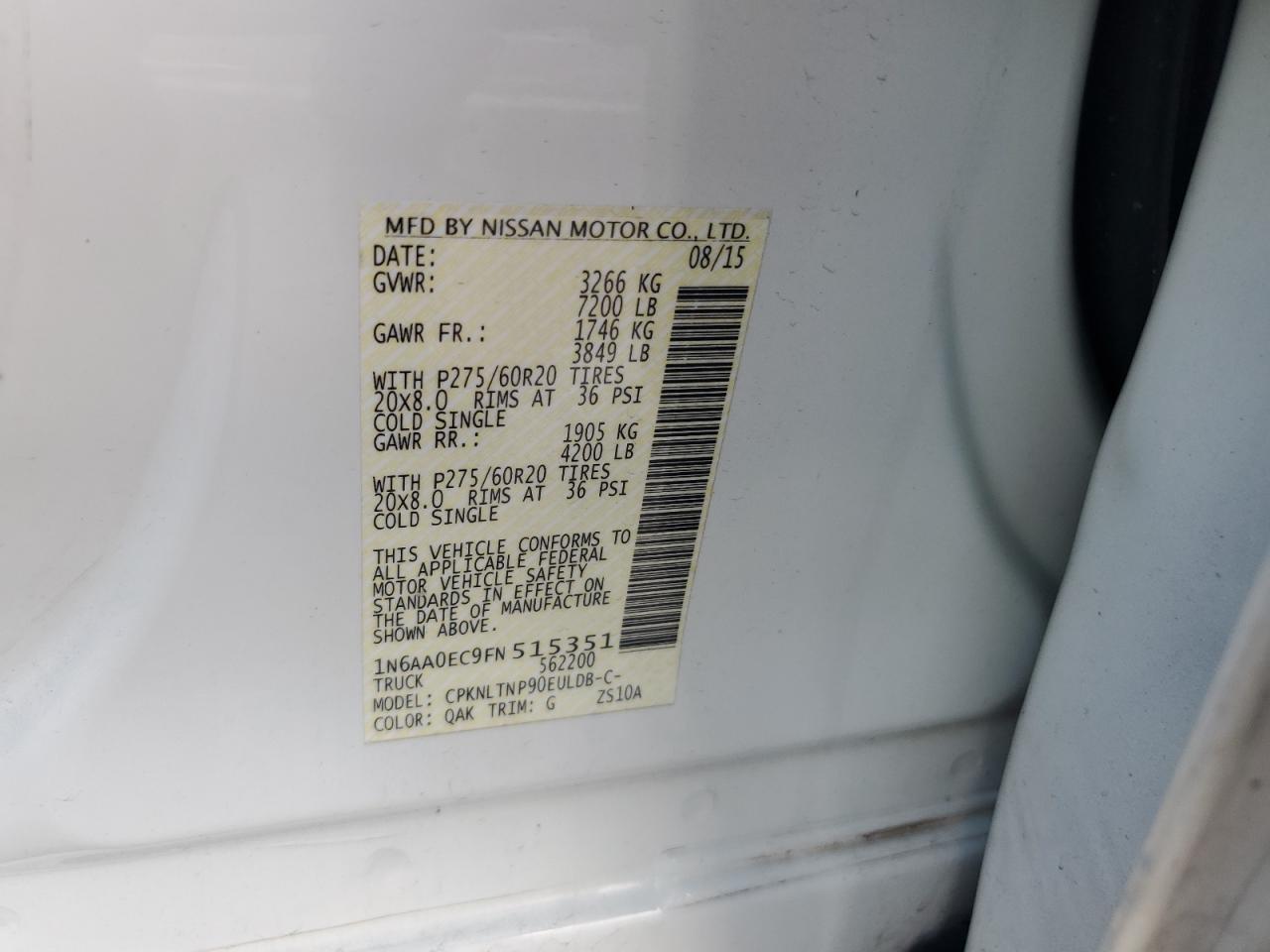 2015 Nissan Titan S VIN: 1N6AA0EC9FN515351 Lot: 82125875