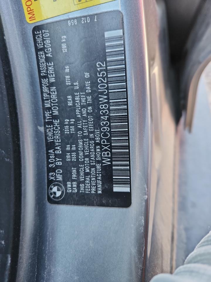 2008 BMW X3 3.0Si VIN: WBXPC93438WJ02512 Lot: 80586495