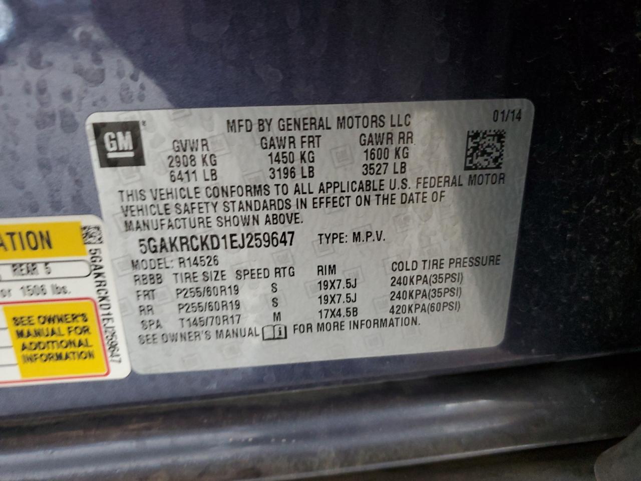 2014 Buick Enclave VIN: 5GAKRCKD1EJ259647 Lot: 80188845