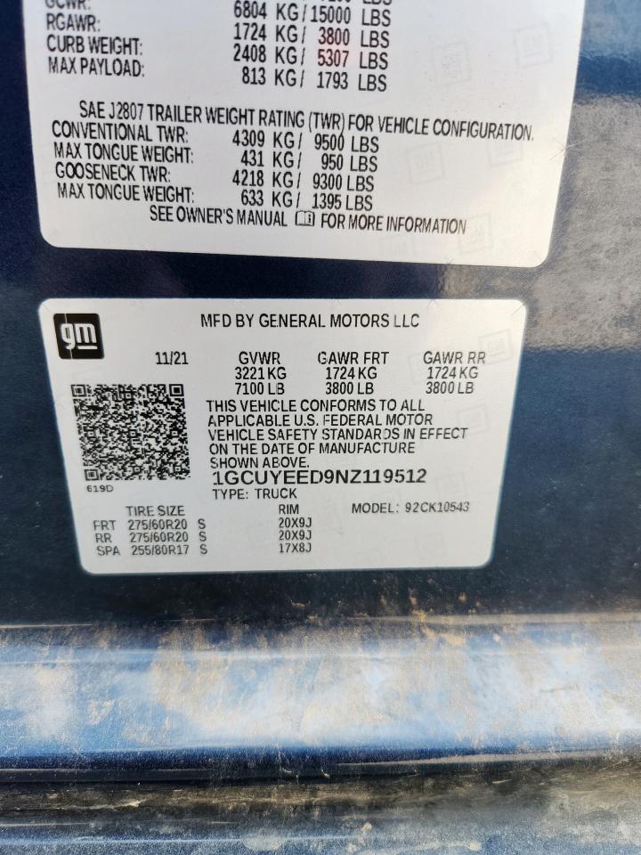 2022 Chevrolet Silverado Ltd K1500 Rst VIN: 1GCUYEED9NZ119512 Lot: 80918635