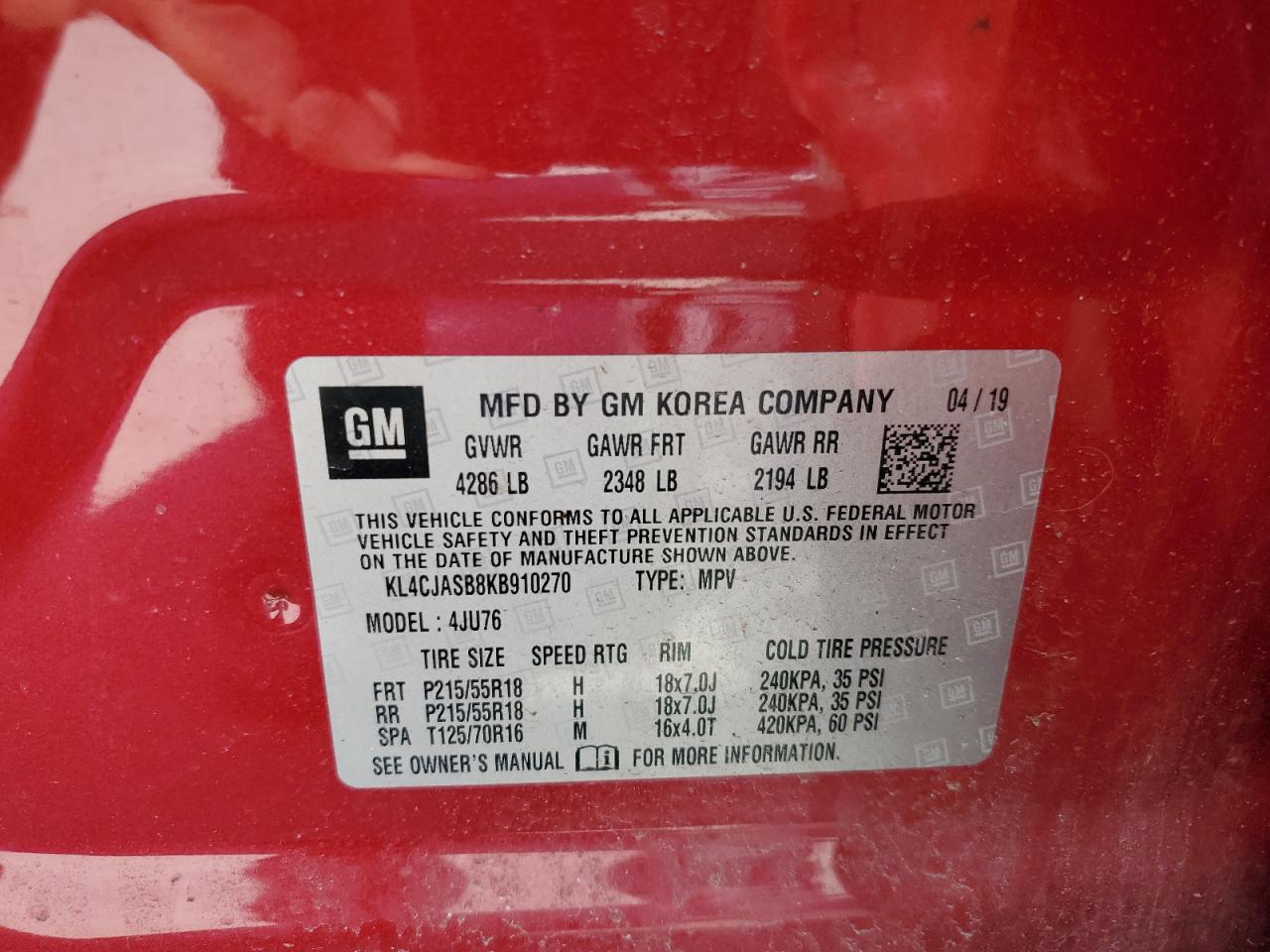 2019 Buick Encore Preferred VIN: KL4CJASB8KB910270 Lot: 80517705