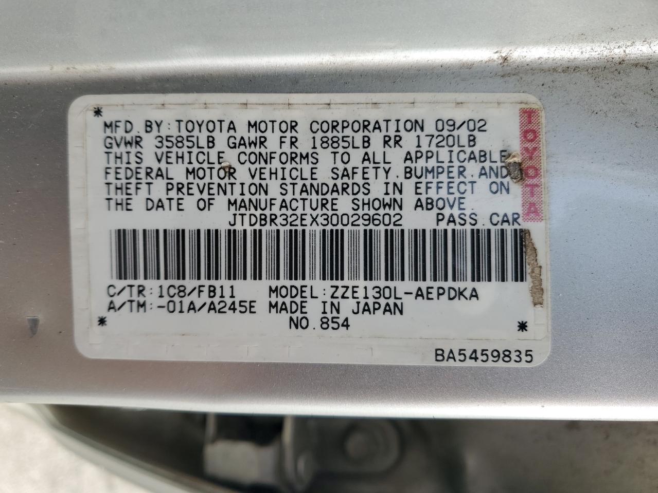 2003 Toyota Corolla Ce VIN: JTDBR32EX30029602 Lot: 70341705