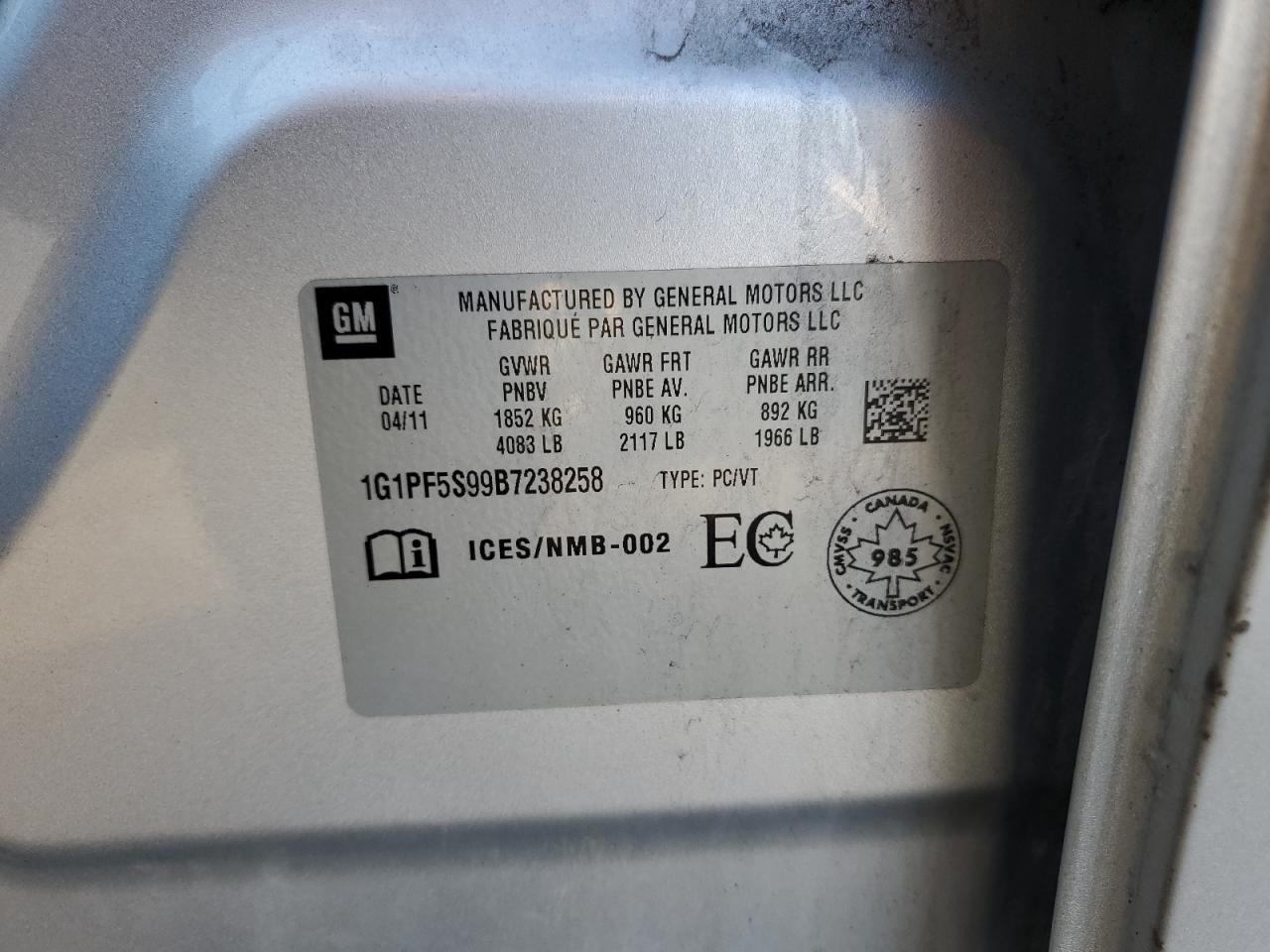 2011 Chevrolet Cruze Lt VIN: 1G1PF5S99B7238258 Lot: 83829815