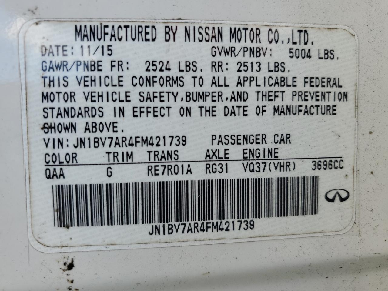 2015 Infiniti Q50 Base VIN: JN1BV7AR4FM421739 Lot: 84255675