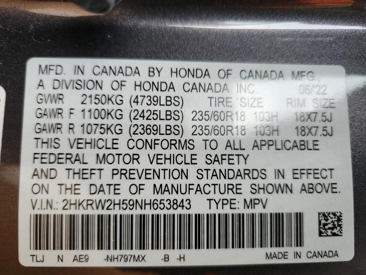 2022 Honda Cr-V Ex VIN: 2HKRW2H59NH653843 Lot: 71883615