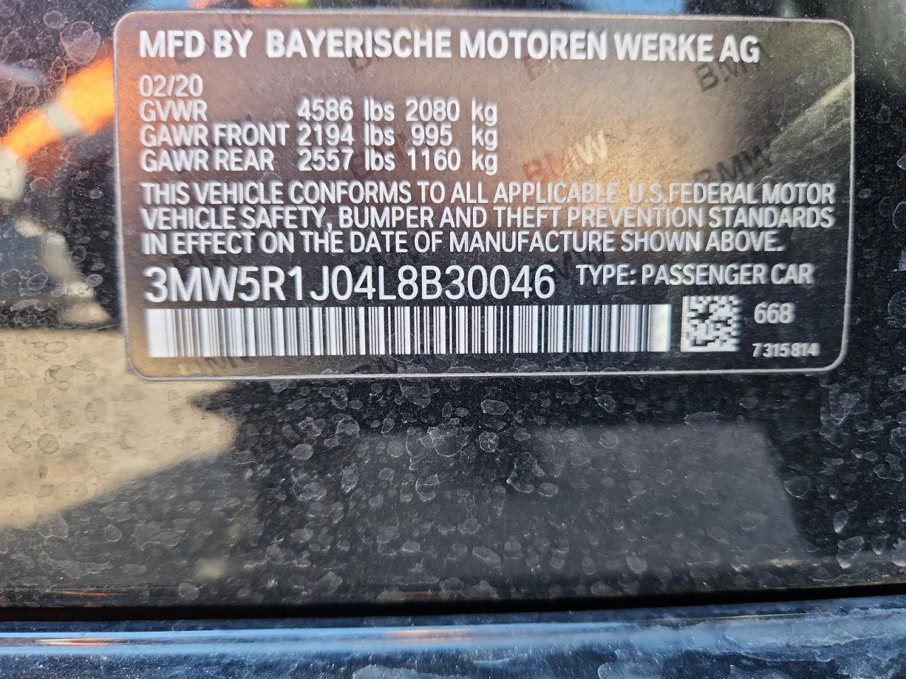 2020 BMW 330I VIN: 3MW5R1J04L8B30046 Lot: 83830485
