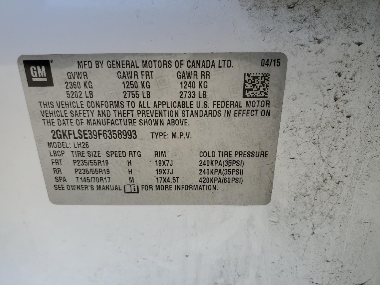 2015 GMC Terrain Slt VIN: 2GKFLSE39F6358993 Lot: 71433355