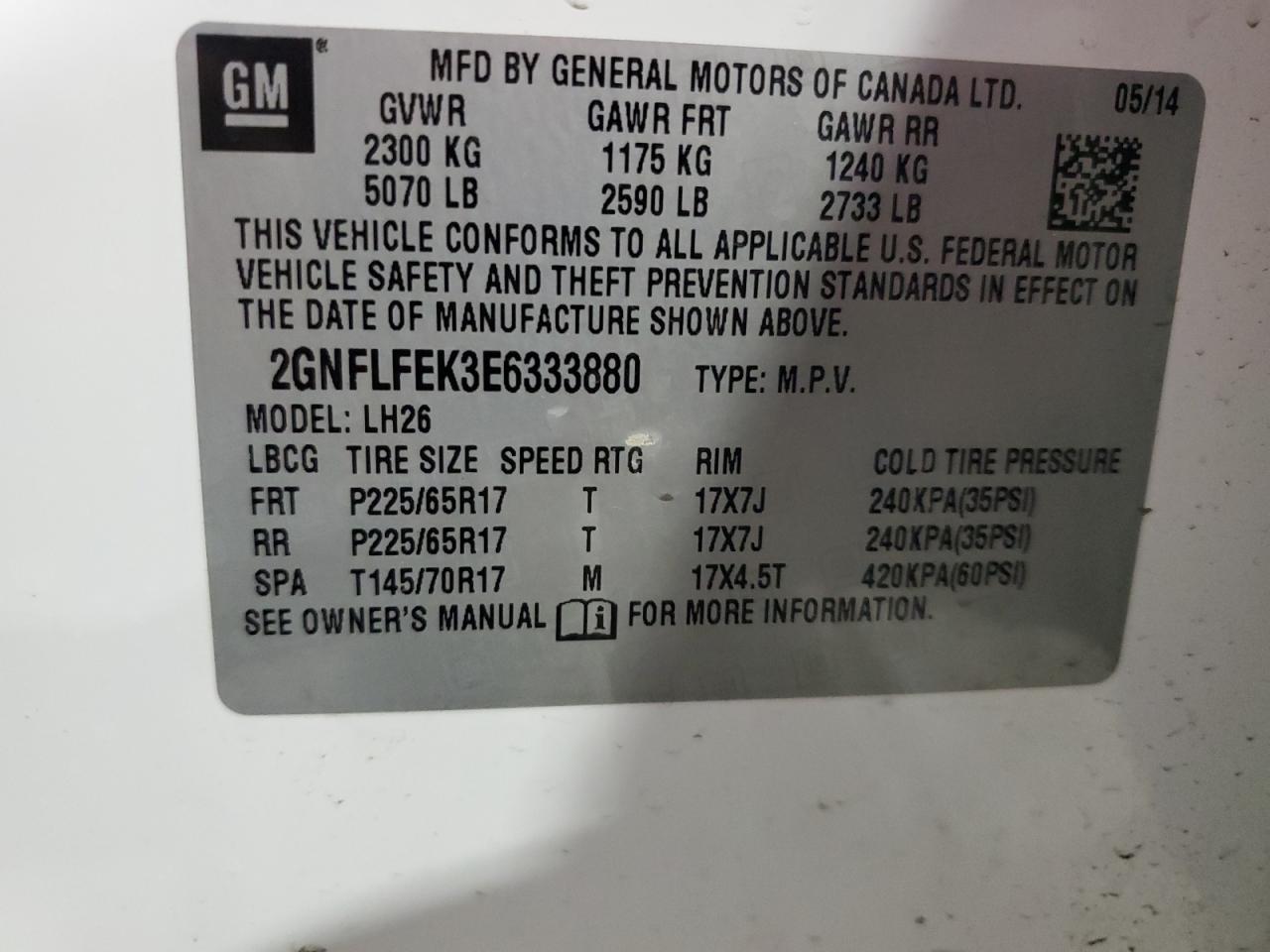 2014 Chevrolet Equinox Lt VIN: 2GNFLFEK3E6333880 Lot: 82119205