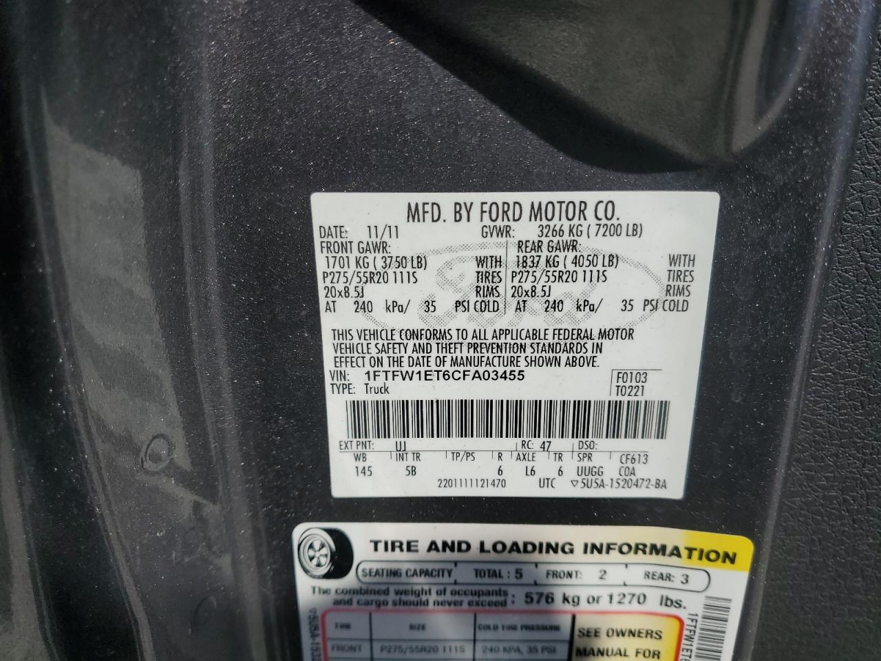 2012 Ford F150 Supercrew VIN: 1FTFW1ET6CFA03455 Lot: 80287095