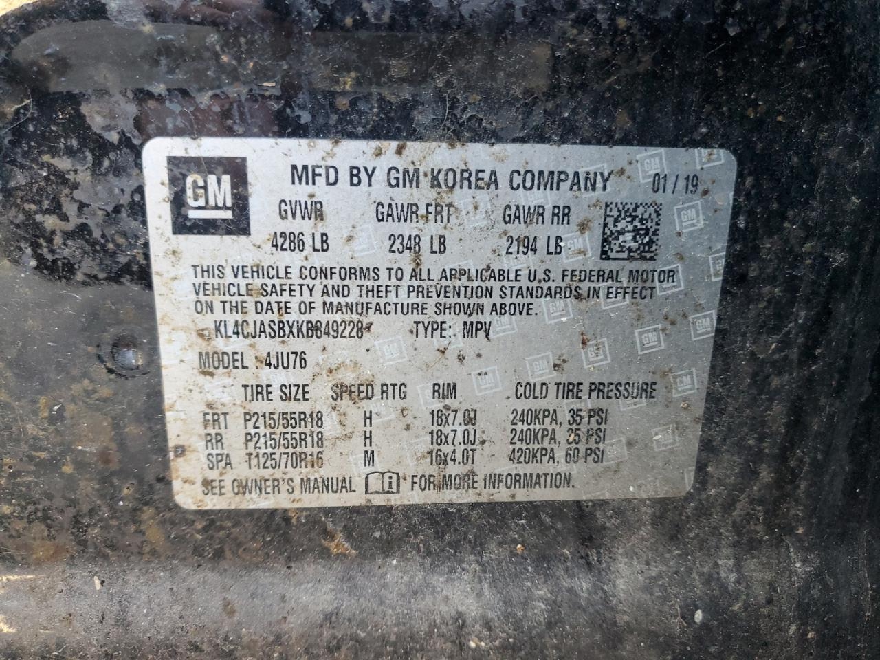 2019 Buick Encore Preferred VIN: KL4CJASBXKB849228 Lot: 81846815