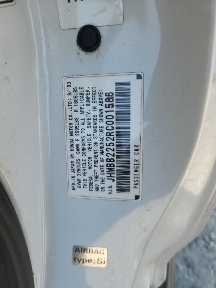 1994 Honda Prelude Si VIN: JHMBB2252RC001586 Lot: 72046265