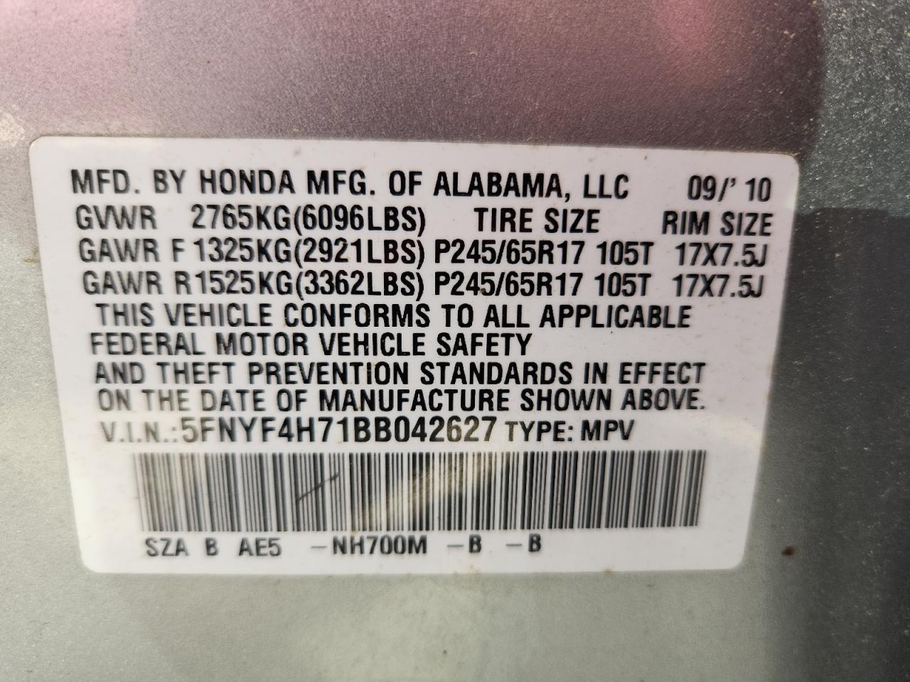 2011 Honda Pilot Exln VIN: 5FNYF4H71BB042627 Lot: 71297875
