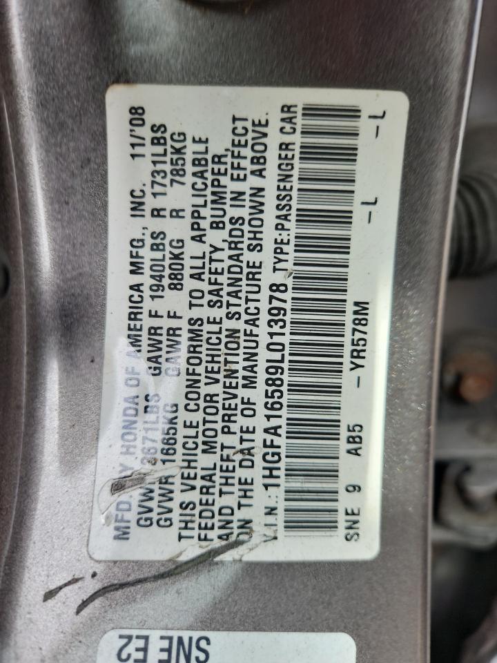 2009 Honda Civic Lx VIN: 1HGFA16589L013978 Lot: 83848535