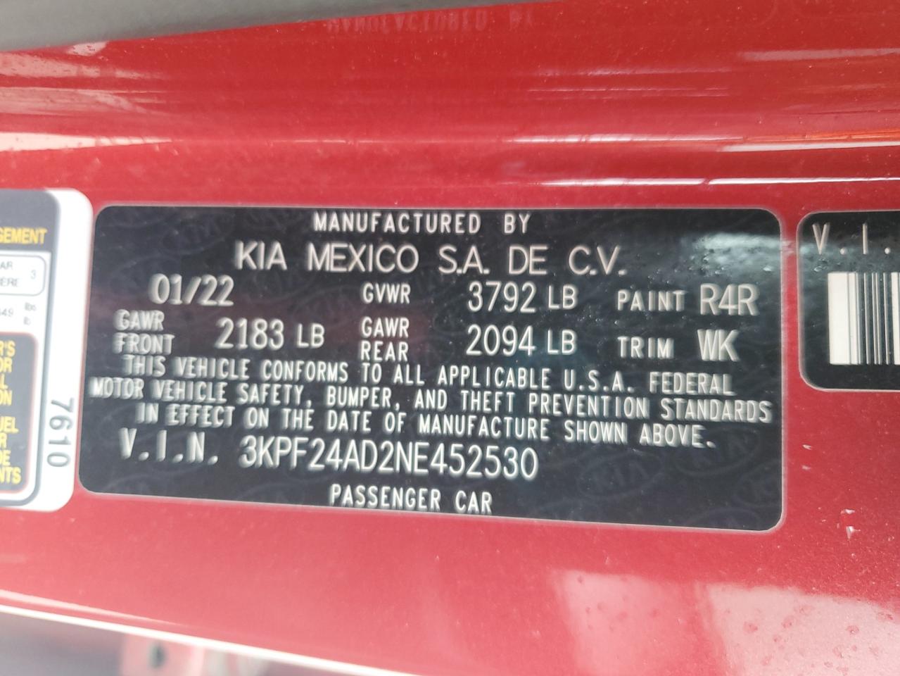 2022 Kia Forte Fe VIN: 3KPF24AD2NE452530 Lot: 71834755