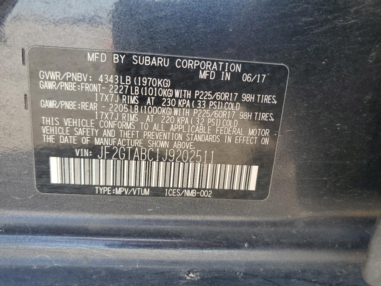 2018 Subaru Crosstrek Premium VIN: JF2GTABC1J9202511 Lot: 80142535