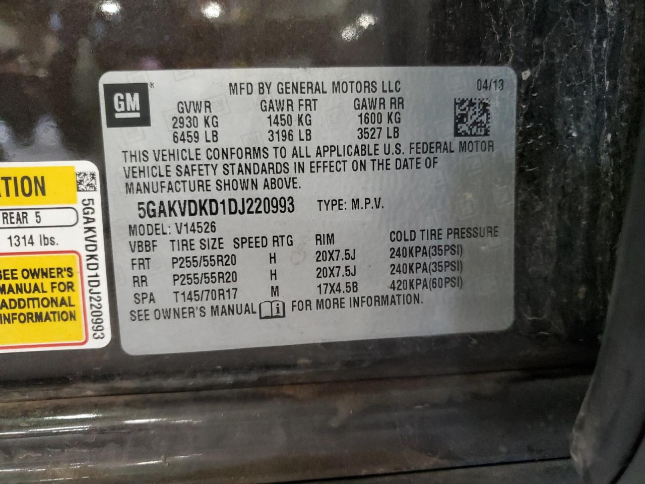 2013 Buick Enclave VIN: 5GAKVDKD1DJ220993 Lot: 71135615