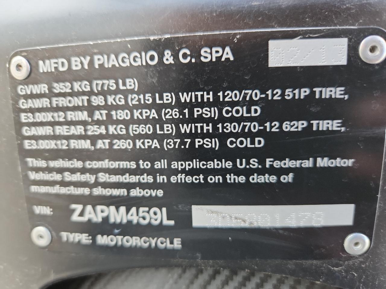 2013 Vespa Gts 300 Super VIN: ZAPM459L3D5801478 Lot: 81310105