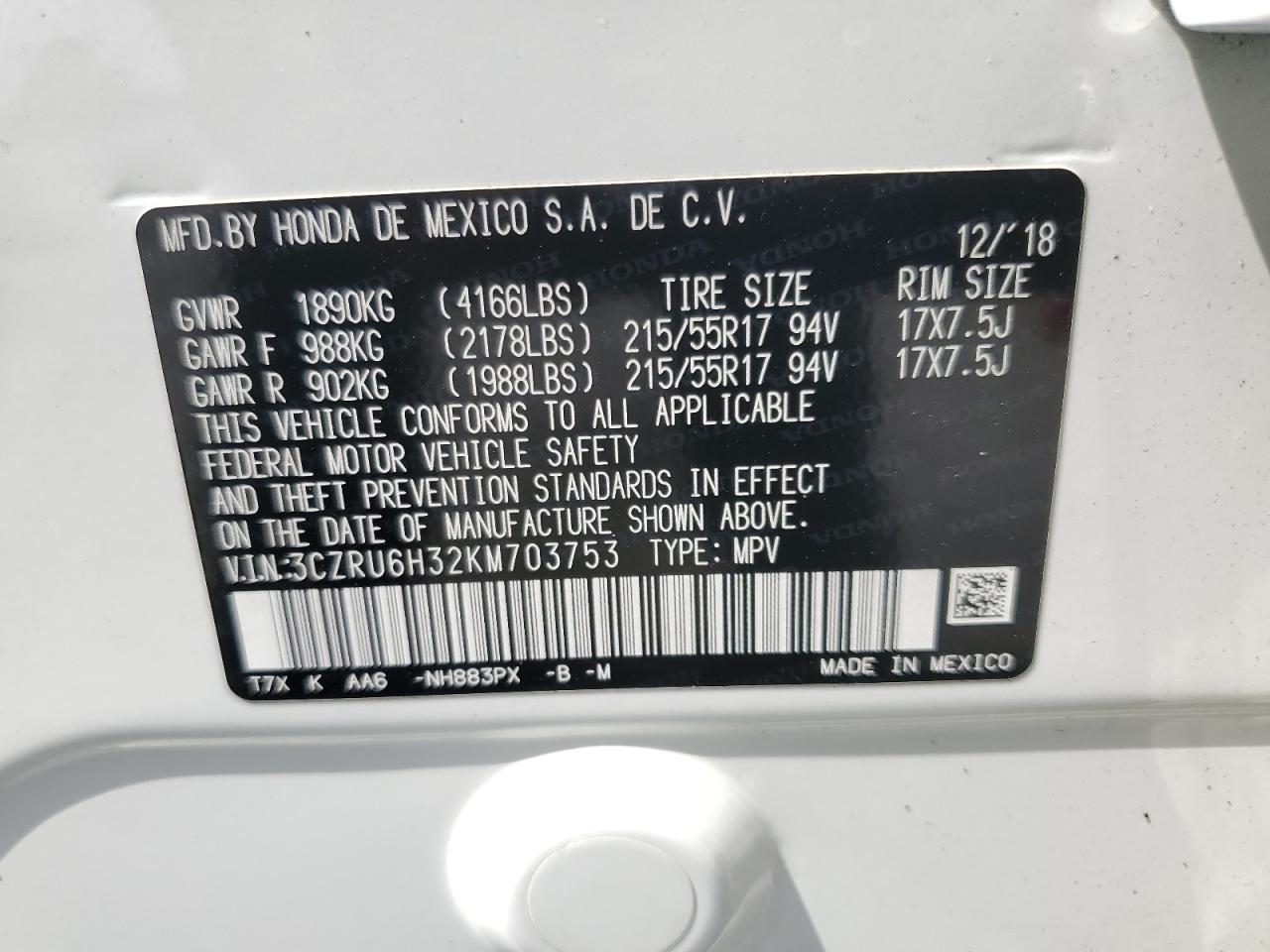 2019 Honda Hr-V Lx VIN: 3CZRU6H32KM703753 Lot: 81718095