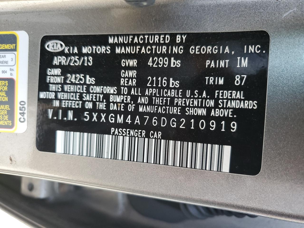 2013 Kia Optima Lx VIN: 5XXGM4A76DG210919 Lot: 82023585