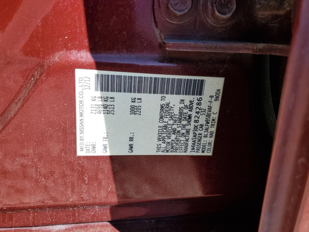 2013 Nissan Maxima S VIN: 1N4AA5AP3DC824286 Lot: 81870335