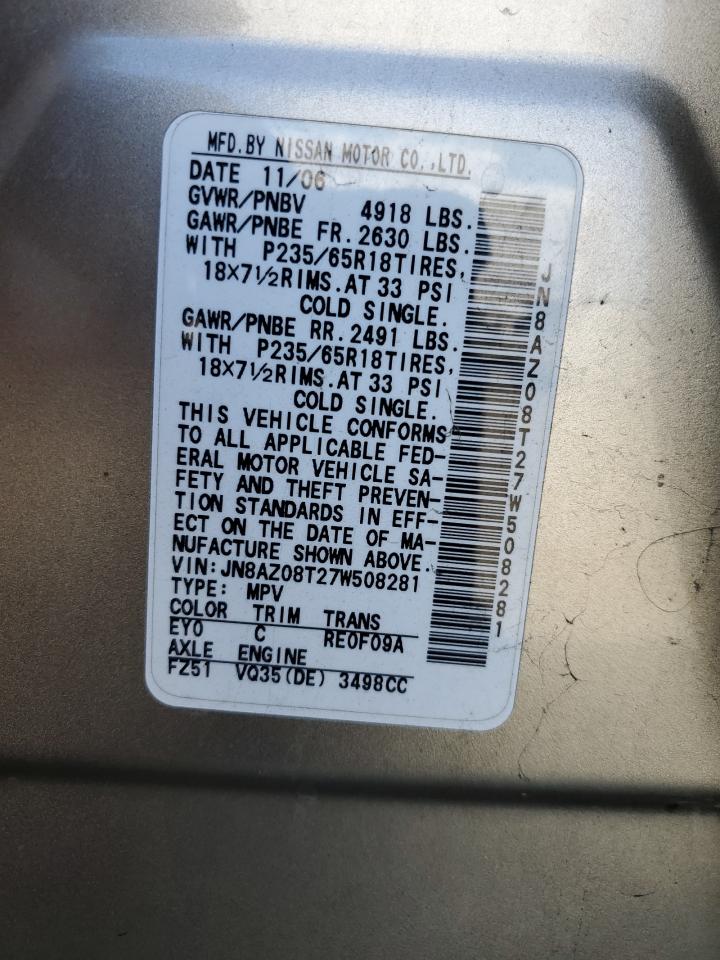 2007 Nissan Murano Sl VIN: JN8AZ08T27W508281 Lot: 81736015