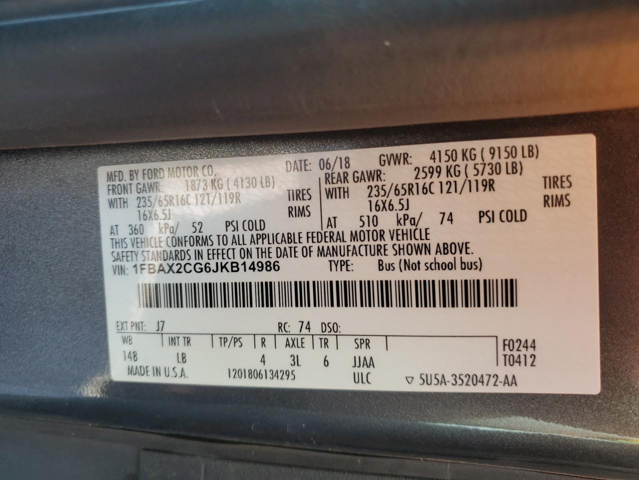2018 Ford Transit T-350 VIN: 1FBAX2CG6JKB14986 Lot: 71030705