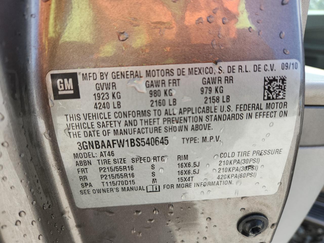 2011 Chevrolet Hhr Ls VIN: 3GNBAAFW1BS540645 Lot: 72089055