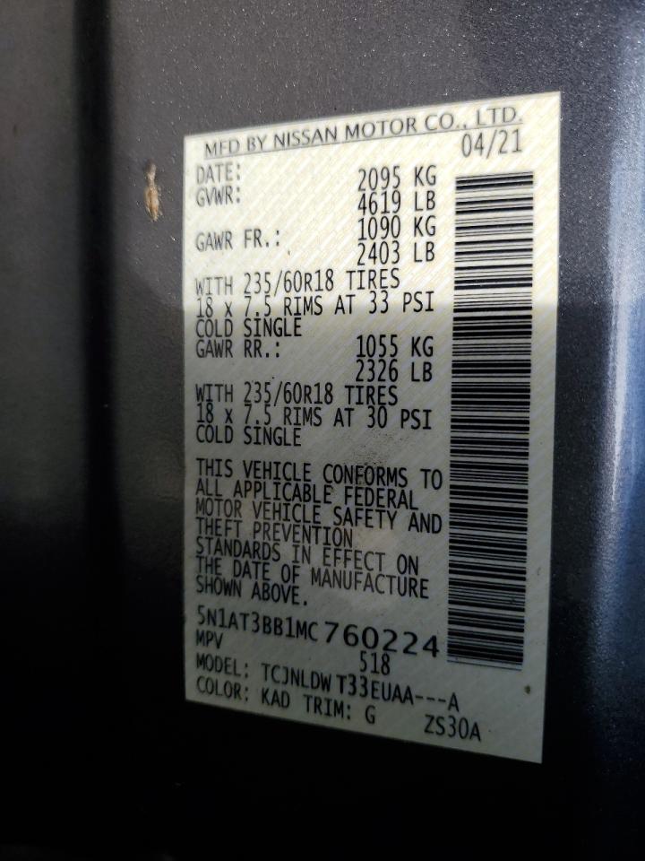 2021 Nissan Rogue Sv VIN: 5N1AT3BB1MC760224 Lot: 81604125