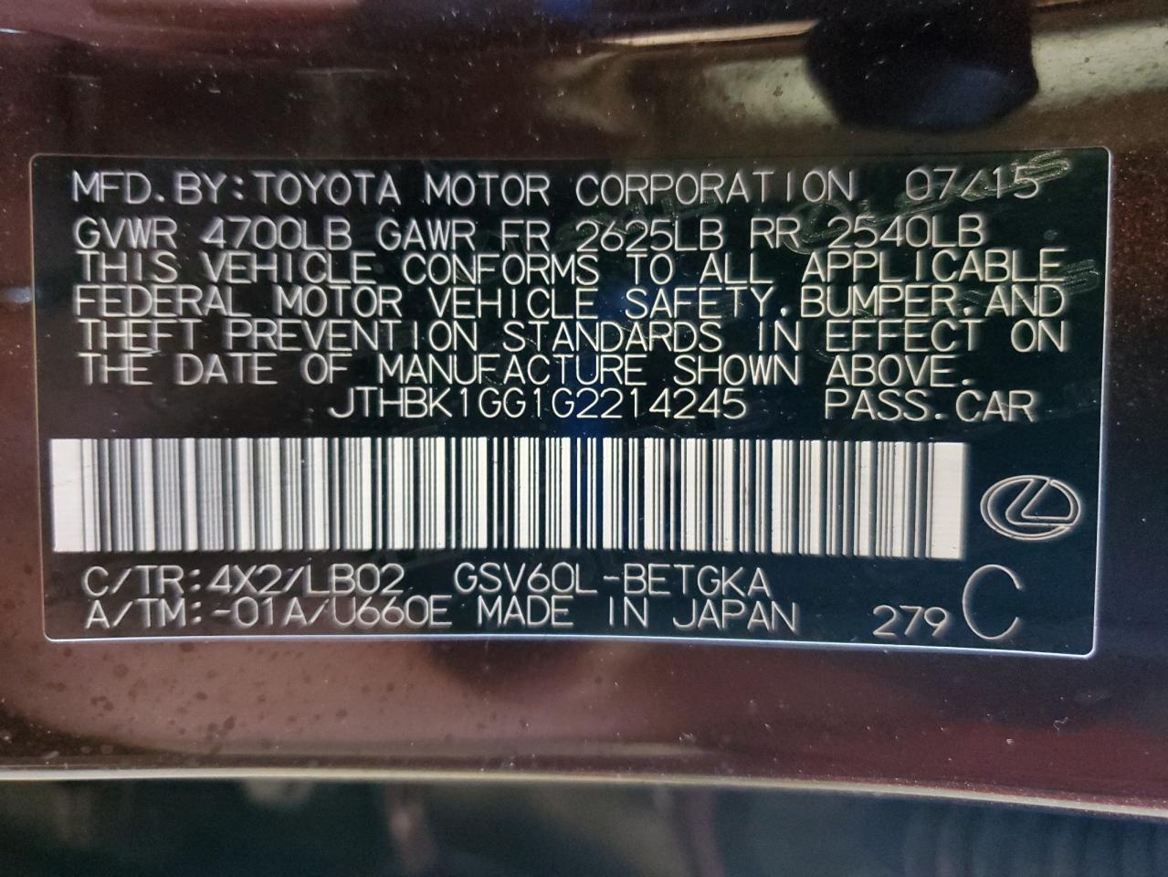 2016 Lexus Es 350 VIN: JTHBK1GG1G2214245 Lot: 71096275