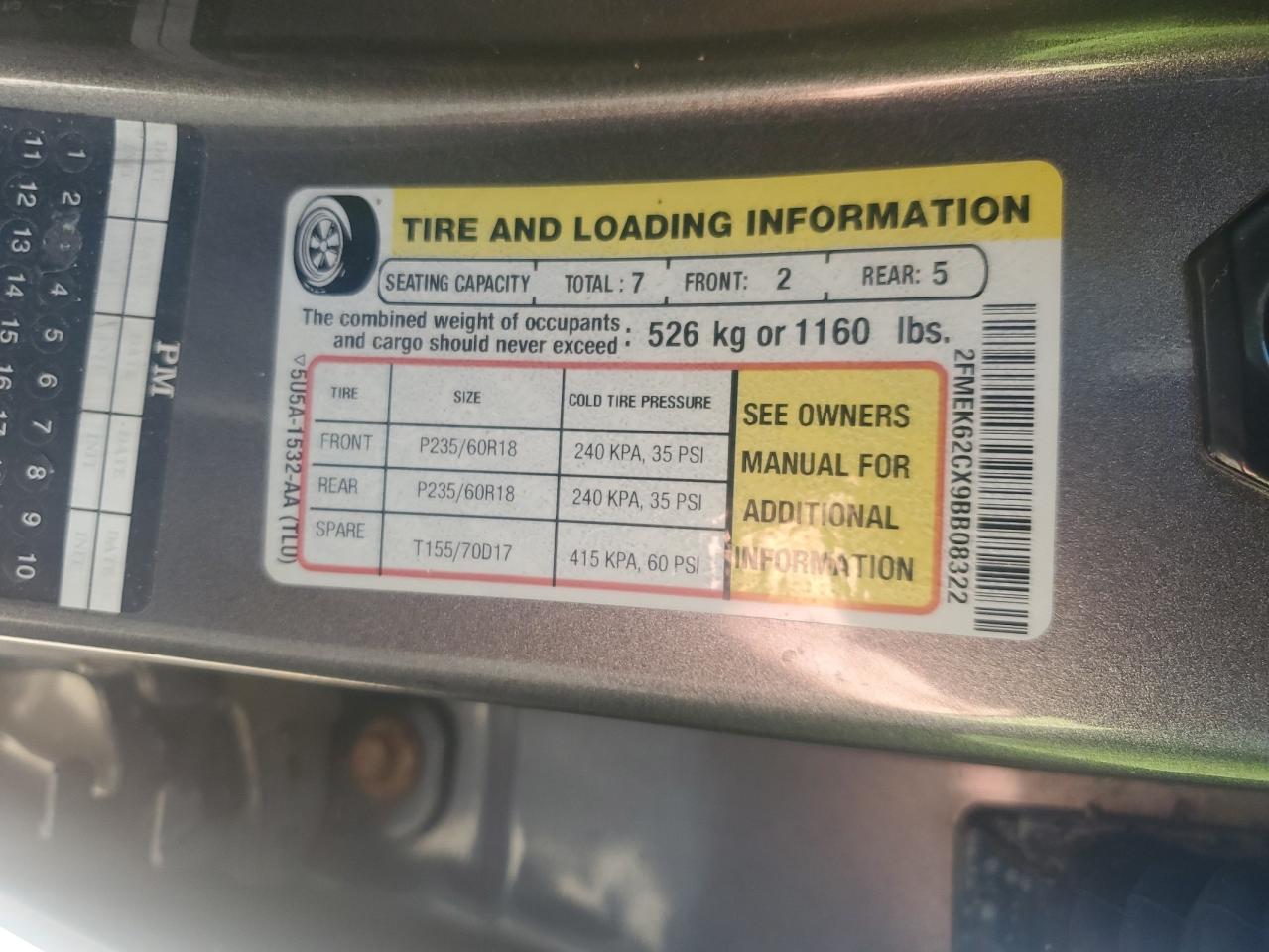 2009 Ford Flex Sel VIN: 2FMEK62CX9BB08322 Lot: 72003425