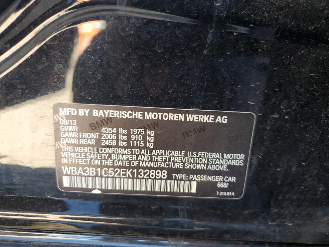 2014 BMW 320 I VIN: WBA3B1C52EK132898 Lot: 70786265