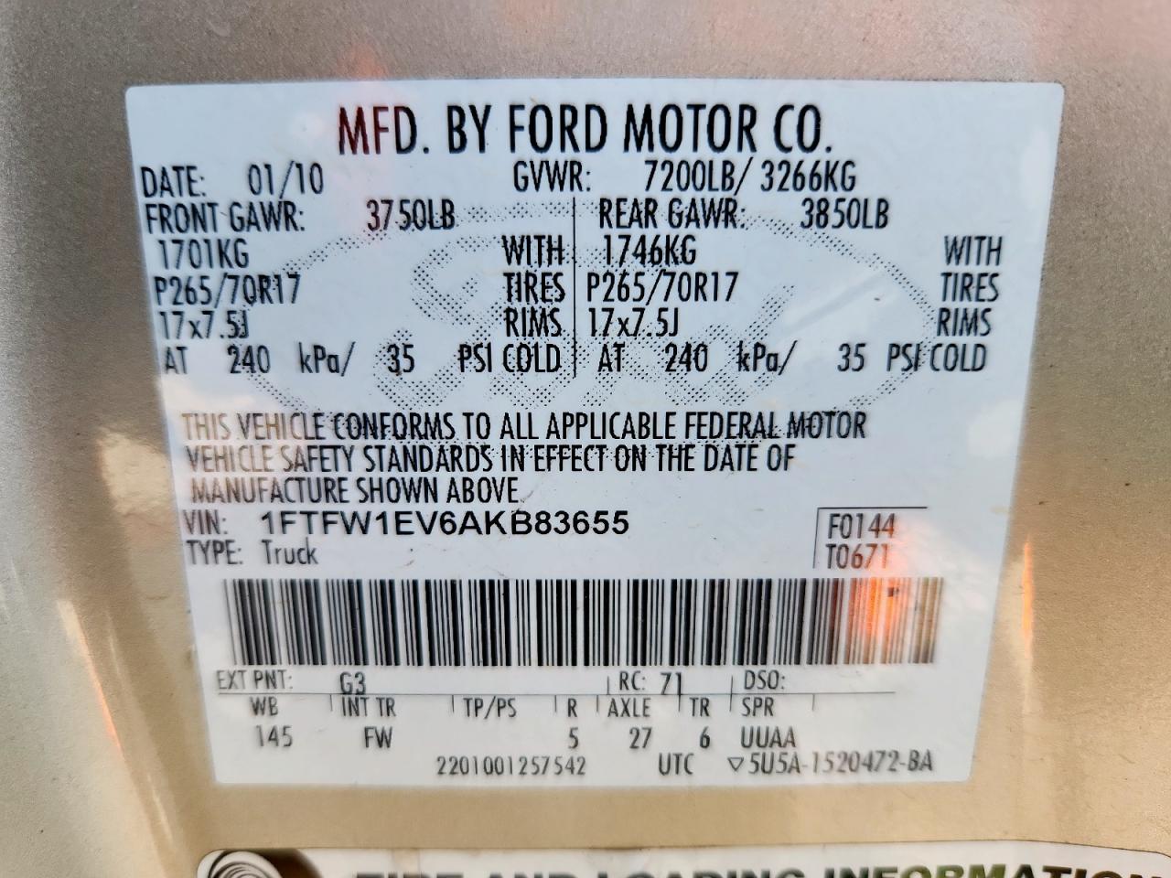 2010 Ford F150 Supercrew VIN: 1FTFW1EV6AKB83655 Lot: 83856635