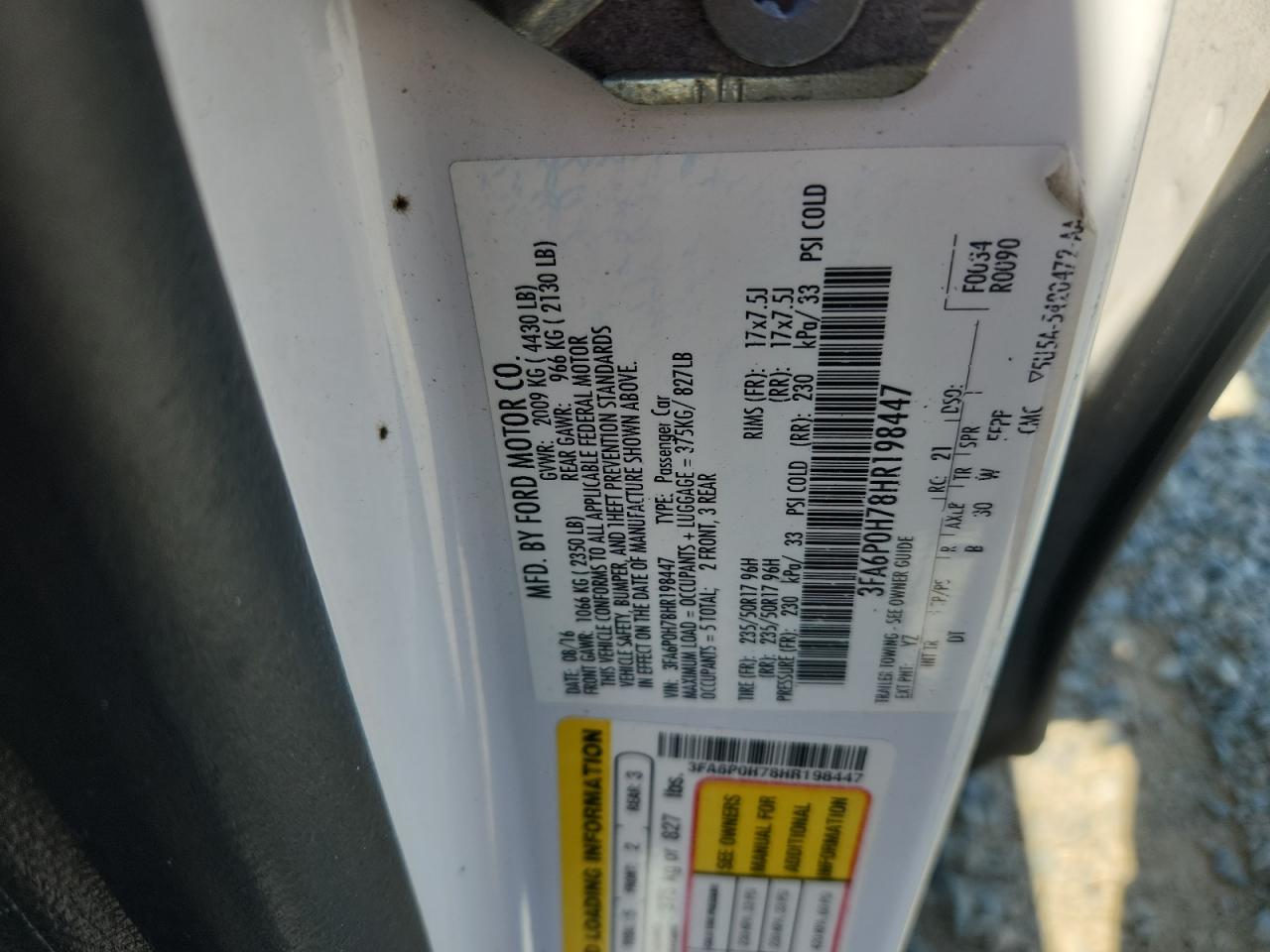 2017 Ford Fusion Se VIN: 3FA6P0H78HR198447 Lot: 80141155