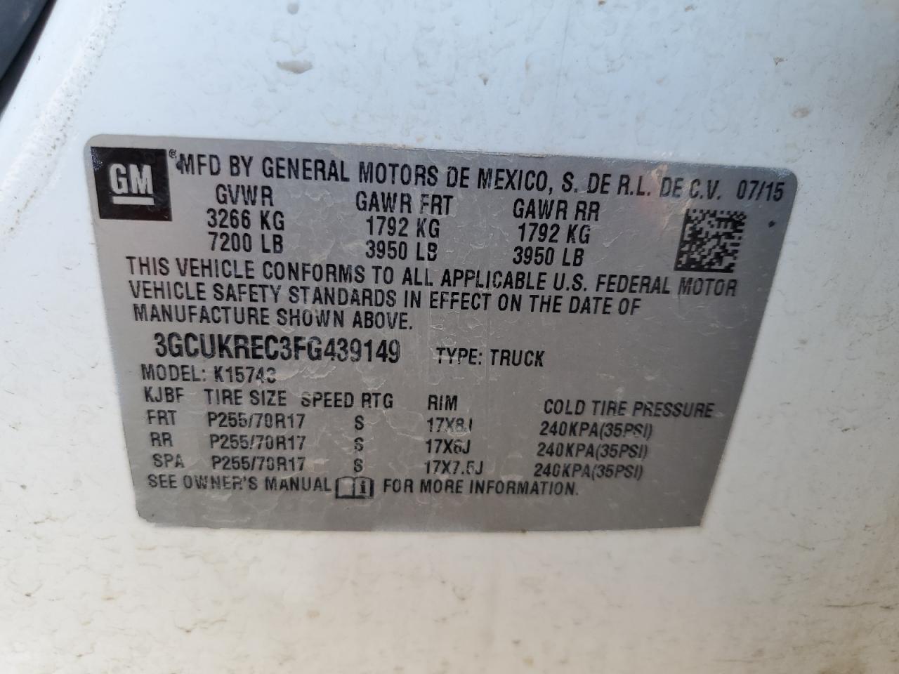 2015 Chevrolet Silverado K1500 Lt VIN: 3GCUKREC3FG439149 Lot: 71727485