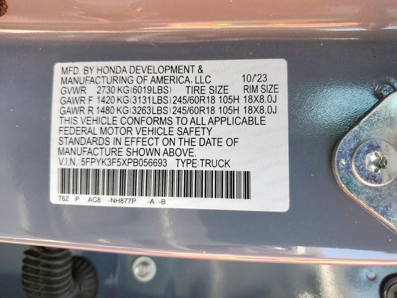 2023 Honda Ridgeline Rtl VIN: 5FPYK3F5XPB056693 Lot: 81252875