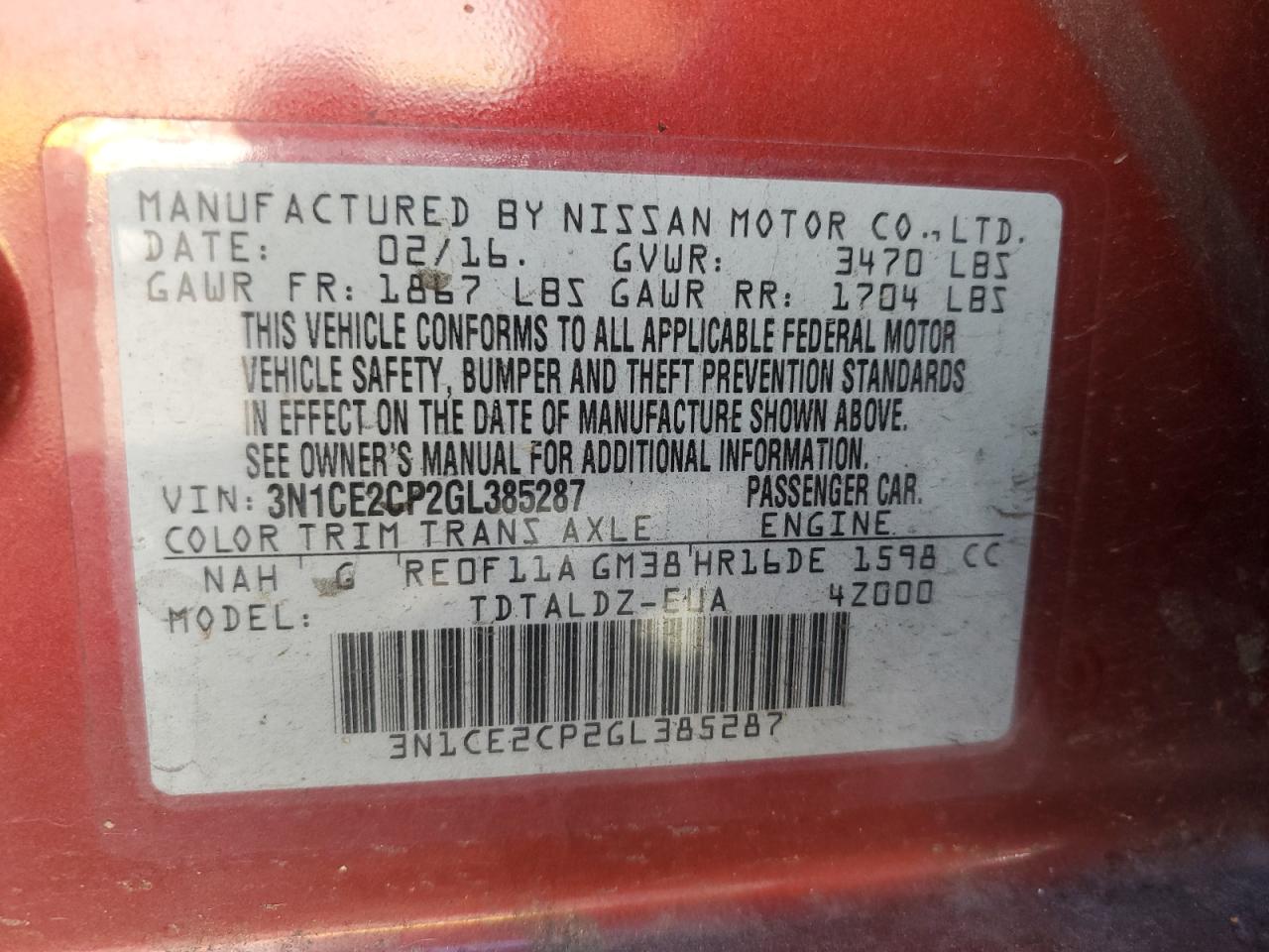 2016 Nissan Versa Note S VIN: 3N1CE2CP2GL385287 Lot: 81462635