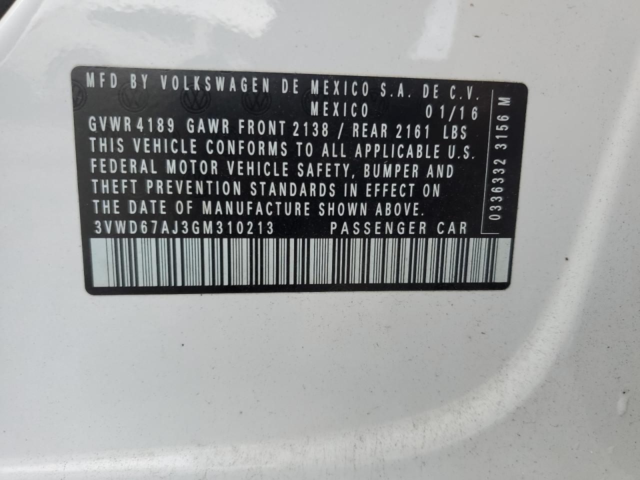 2016 Volkswagen Jetta Se VIN: 3VWD67AJ3GM310213 Lot: 83982785