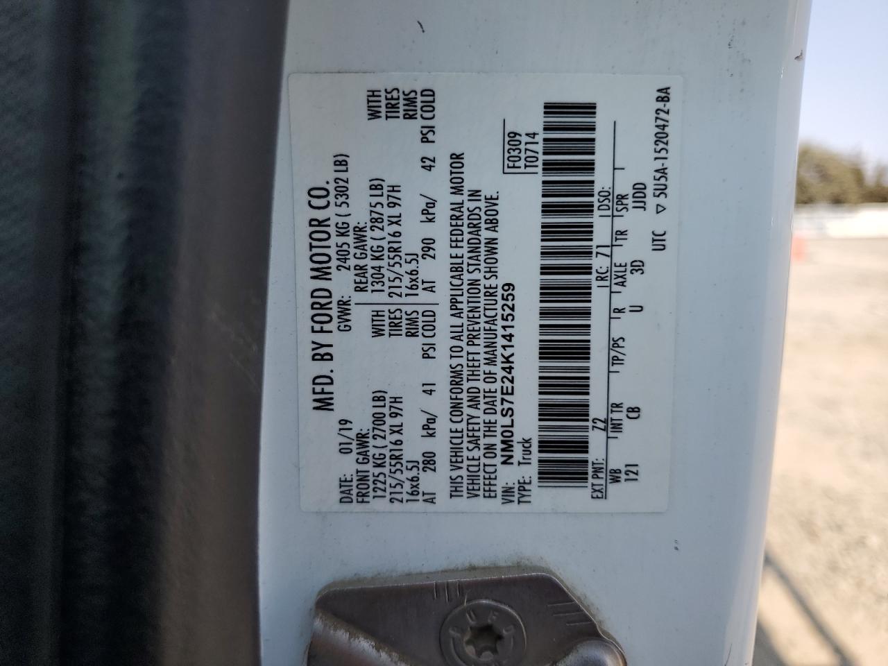 2019 Ford Transit Connect Xl VIN: NM0LS7E24K1415259 Lot: 81571775