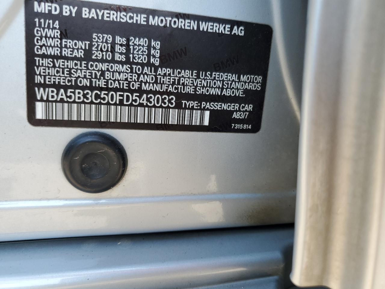 2015 BMW 535 Xi VIN: WBA5B3C50FD543033 Lot: 71956525